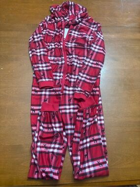 Red Plaid Hooded Kids Zip-Front Pajama Onesie with Reindeer Print